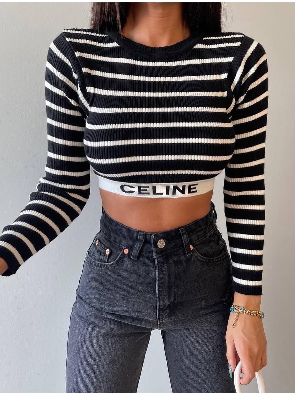 Celine Paris Black White Striped Logo Cropped Knit Top Designer Sporty Prep